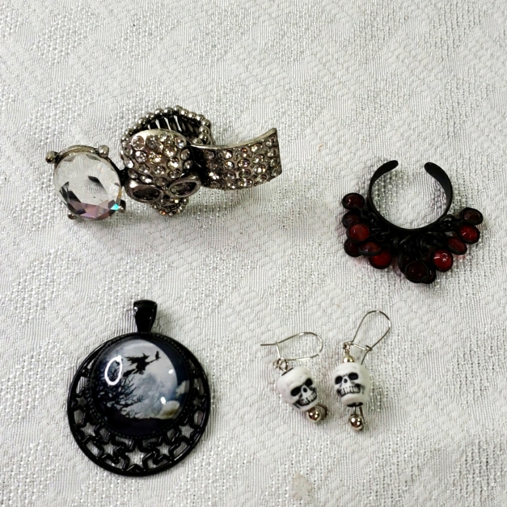 Bundle of 4 Goth Halloween Costume Jewelry Witch Skulls